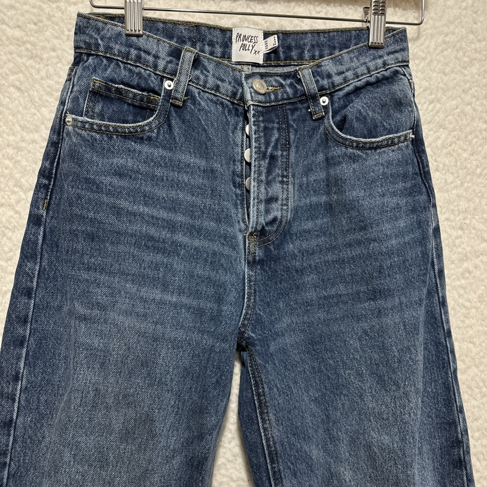 Princess Polly Fawcett‎ High Rise Straight Jeans Mid Blue Wash Raw Edge Hem Sz 2 - Picture 7 of 15